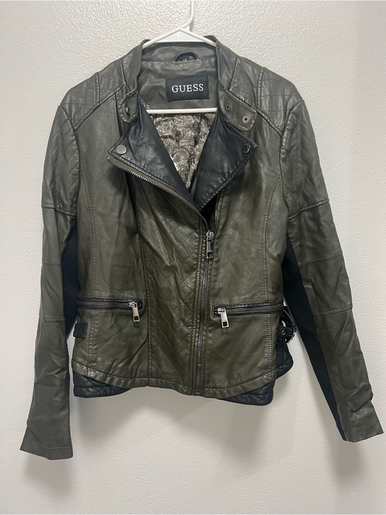 Guess Jackets & Blazers - GUESS Women's very dark Olive Green vegan Leather Moto Jacket